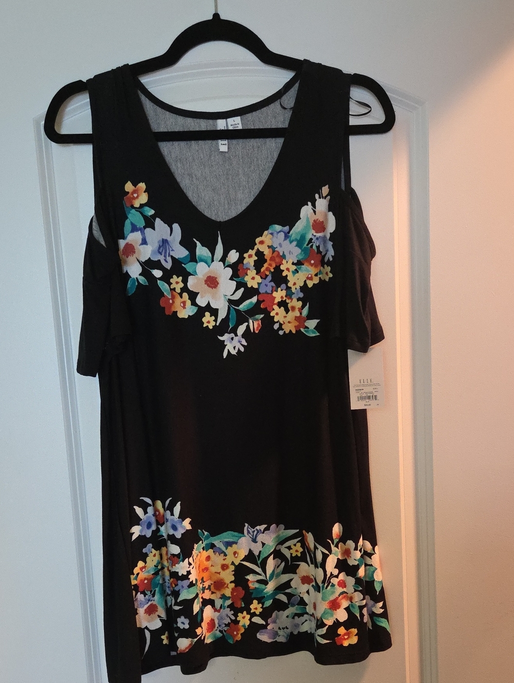 Elle Black Cold-Shoulder Floral V-Neck Tunic